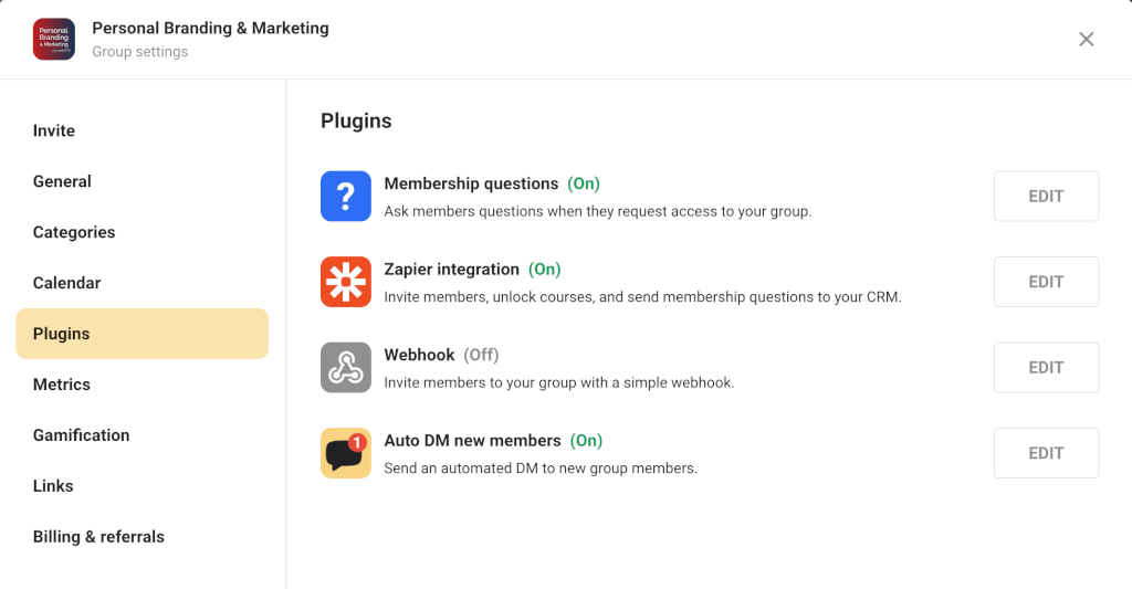 Screenshot Skool Community Einstellungen Plugins
