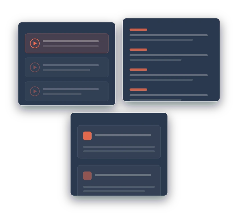 Die drei Bausteine des KI-Content Key: fuenf Video-Module, sechs Prompt-Vorlagen, drei Claude Skills